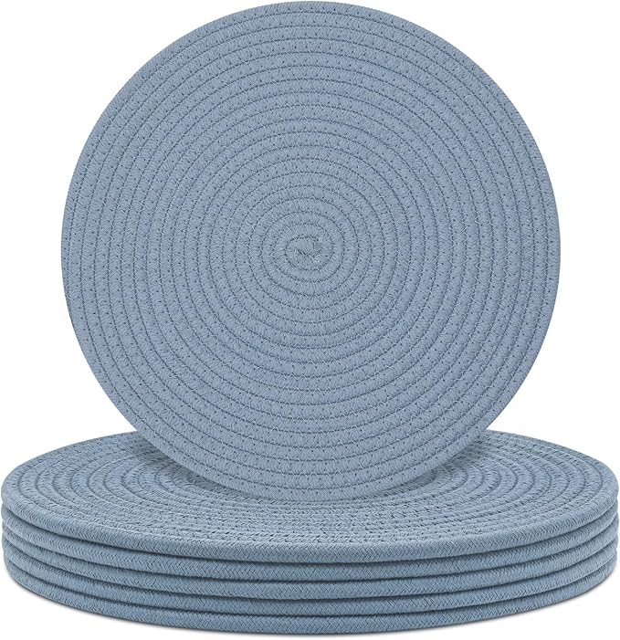 Round Placemats Set of 6, Cotton Rope Woven Table Mats, Hot Pads for Kitchen, Non Slip Heat Resistant Place Mats, 13 Inches Braided Placemat for Farmhouse Decor and Kitchen Table Decor (Blue)