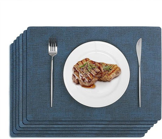 Softalker Faux Leather Placemats Set of 6-Vinyl Heat Resistant Place Mats, 100% Waterproof Oilproof Wipe Clean Table Mats for Indoor & Outdoor Use, 17’’×12’’, Navy Blue