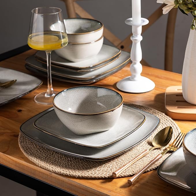 AmorArc Ceramic Dinnerware Sets for 4, 12 Pieces Square Handpainted Plates and Bowls Set, Chip and Scratch Resistant Stoneware Dishes Set, Dishwasher & Microwave Safe, Reactive Glaze
