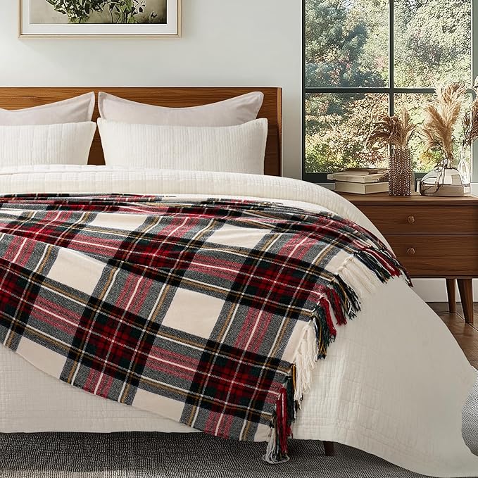 EVERGRACE Stewart Christmas Plaid Chenille Throw Blanket for Couch, Super Soft Cozy Tartan Checkered Throw Blanket with Tassels, Lightweight Plush Chenille Knit Throw for Christmas Decor, 60”x80”