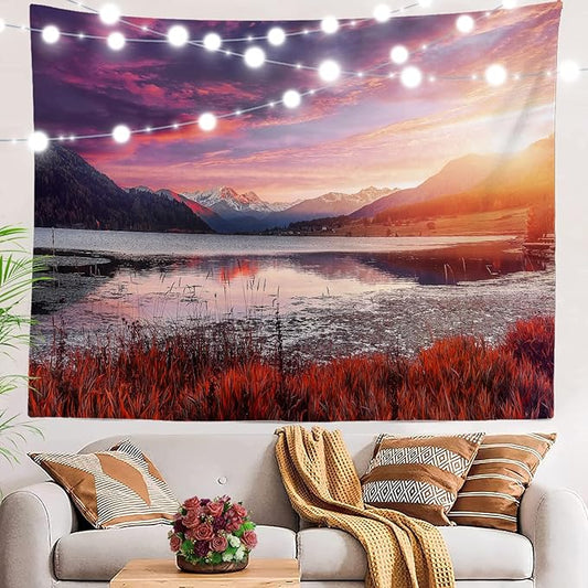 BaoNews Rose Madder Natural Redwood Trees Tapestry,Landscape Lake Large Wall Hanging Polyester Tablecloths Tapestry Bedroom Room Living Room Dorm 59.1 x 82.7 Inches