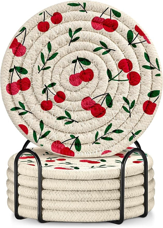 Cup Coasters for Drinks Absorbent - for Coffee Wooden Table Office Cute Farmhouse Outdoor Rustic Desk Kawaii Woven Women Kid Soft Cloth Braided Fabric Girly Cherry Coaster Set of 6 with Holder