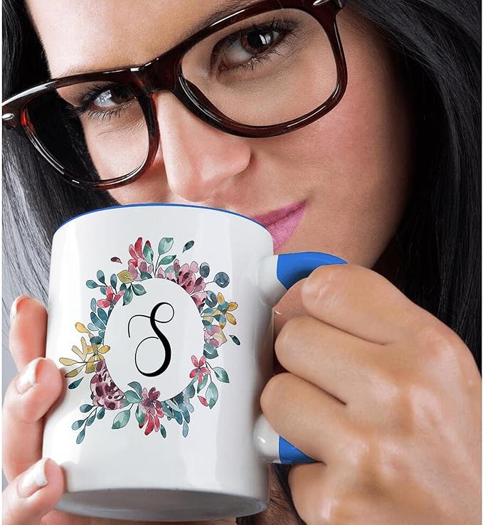 3dRose mug_274057_6 "Pretty Watercolor Floral Circle Frame With A Monogram Initial S, Blue" Mug, 11 oz