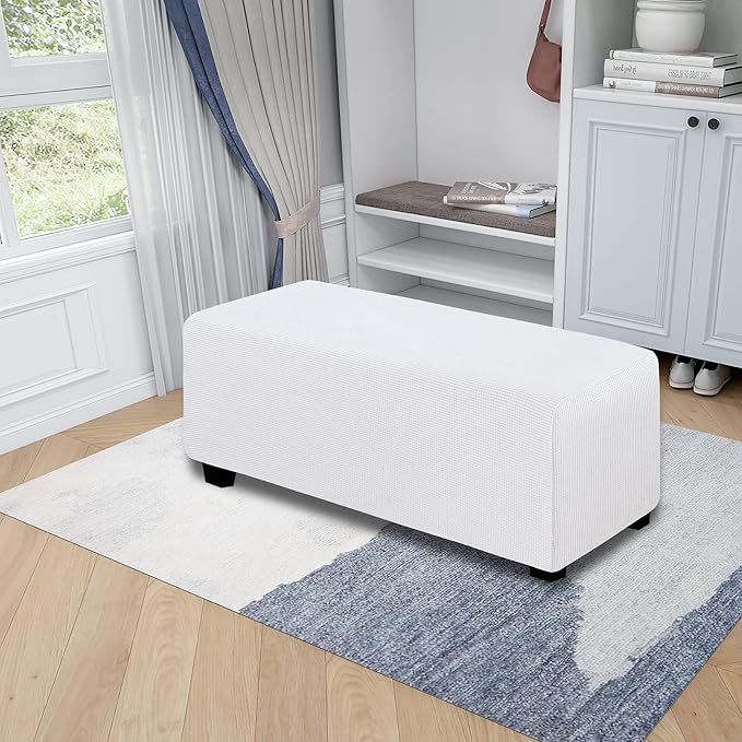 Easy-Going Stretch Ottoman Cover Folding Storage Stool Furniture Protector Soft Rectangle slipcover with Elastic Bottom(Ottoman X-Large,Snow White)
