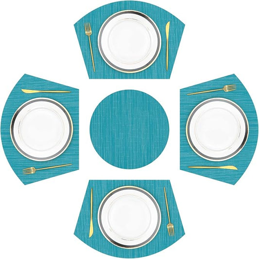 SHACOS Large Size Wedge Placemats with Centerpiece Set of 5, PVC Woven Vinyl Place Mats for Round Table Washable Indoor Outdoor Table Placemats, Blue