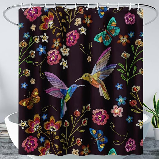 AILONEN Retro Hummingbird Shower Curtain,Wild Floral Flower Bathroom Decor with 12 Plastic Hooks,Bird Butterfly Vintage Black Curtains,Modern Bedroom Decor Gifts for Girls Teen Adult 36" W*72" H