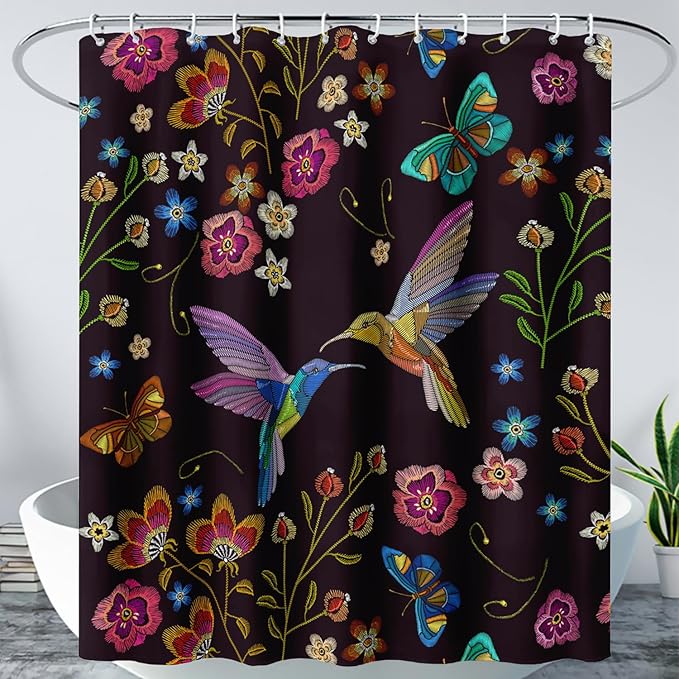 AILONEN Retro Hummingbird Shower Curtain,Wild Floral Flower Bathroom Decor with 12 Plastic Hooks,Bird Butterfly Vintage Black Curtains,Modern Bedroom Decor Gifts for Girls Teen Adult 72" W*72" H
