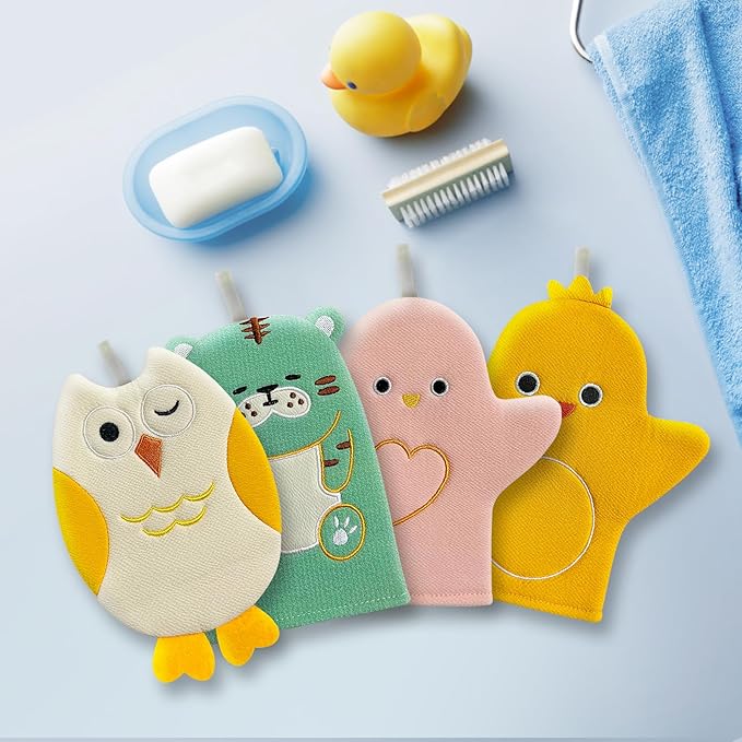 4 Pcs Children Bath Mitt Washcloths Gloves Kids Body Scrubber for Bathing with Cute Animal Shape, Wash Cloths for Babies, Bath Sponge for Kids & Toddler & Adults(Cute Tiger, Eagle, Duckling, Chicken)