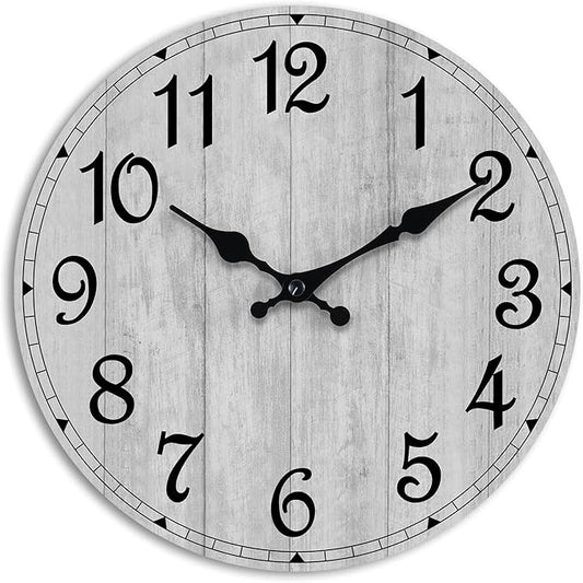 HYLANDA Wall Clock, 10 Inch Wall Clocks Battery Operated Silent Non Ticking, Country Wooden Clocks Farmhous Clock for Bathroom, Living Room, Kitchen, Bedrooms (Gray)
