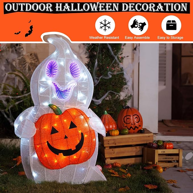 Halloween Ghost Decor, 128 LED Pre-Lit Ghost Halloween Decorations with Animated Eyes Cute Light Up Ghost Holding Pumpkin Glowing Ghosts Fall Decor for Outdoor, Indoor, Yard, Porch, Garden