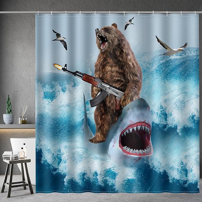 Aimego Extra Long Shower Curtain - Funny Cool Bear Riding Shark Crazy Ocean Wave Fabric Cloth Shower Curtain Set with 12 Hooks Adults Bathroom Decor Accessories Bathtub Curtain, 72"x84", Blue Brown