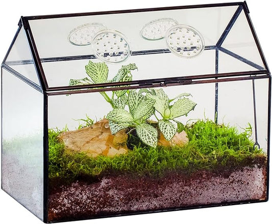 NCYP Glass Terrarium with Lid and Air Holes for Snails, Succulents Plants, Small Cactus - 10.2" x 5.9" x 8.2" House Shape Geometric Clear Box, Indoor Tabletop Decor Black (Terrarium Only)