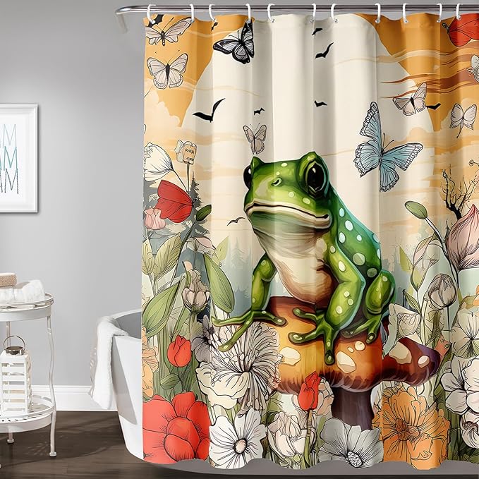 AILONEN Cartoon Frog Waterproof Shower Curtain,Nature Plant Fungus Flower Frog Bath Curtain,Fantasy Sunset Abstract Yellow Bathroom Curtain Decor 72" W x 72" H
