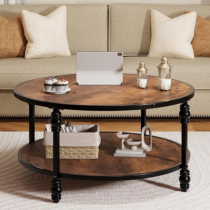 IDEALHOUSE Round Coffee Table for Living Room Rustic Center Table with Storage Shelf Wood Circle Coffee Table with Sturdy Metal Legs, Easy Assembly