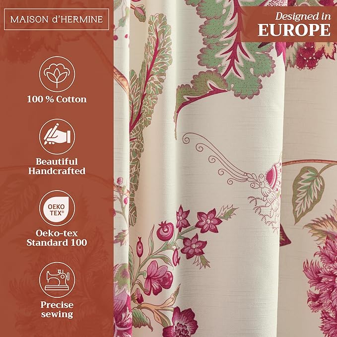 Maison d' Hermine Curtains for Living Room 100% Cotton 124 inch Length One Panel Light Filtering Curtains for Bedroom Windows with Rod and Loop Pockets Drapes (Givenchy, 50" W x 124" L)
