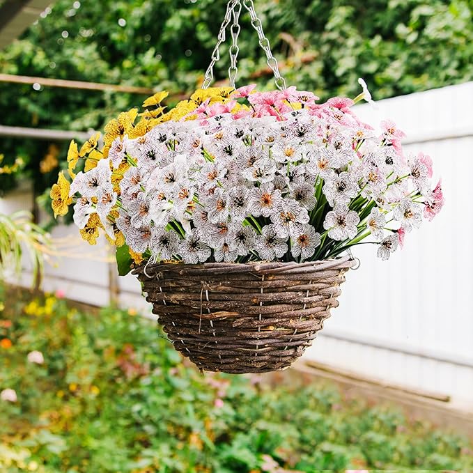 22 Bundles Artificial Flowers Outdoor, Faux Flowers UV Resistant with Plastic Plants, Faux Silk Flowers for Outdoors Outside Front Porch Hanging Planter Window Box Garden Decoration(White)