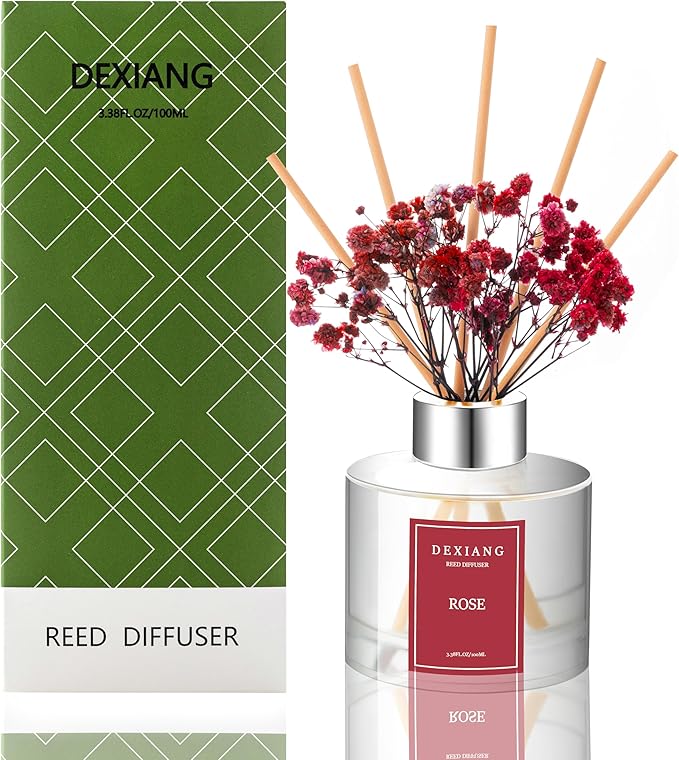 Rose Reed Diffuser Set - 3.38 fl oz (100ml) Essential Oil with 6 Reed Sticks | Home & Bathroom Decor