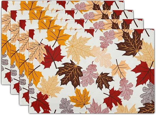 Giwawa Maple Leaf Placemats Set of 4 for Kitchen Dining, Colorful Fall Autumn Thanksgiving Leaves Non-Slip Washable Linen Place Table Mat 12x18 Inches for Tabletop Holiday Party Home Decor