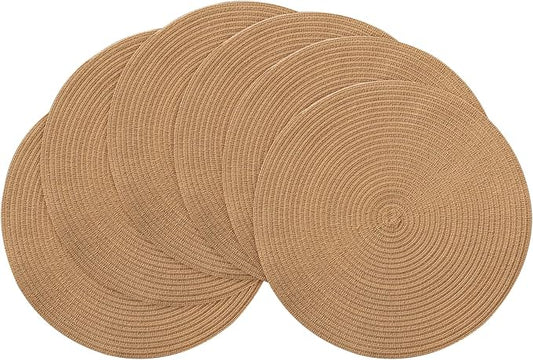 Floroom 15 Inch Round Braided Placemats Set of 6, Washable Heat Resistant Cotton Polyester Circle Place Mats for Kitchen Dining Table - Brown