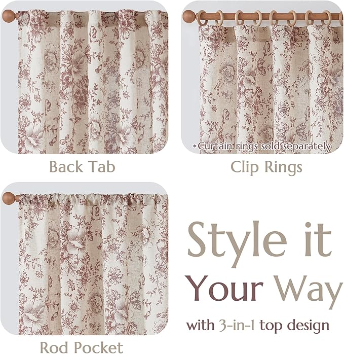 jinchan Linen Blend Curtain Floral Curtains for Living Room 63 Inch Length Brick Red Printed Curtain Rod Pocket Back Tab Farmhouse Peony Flower Patterned Drapes Bedroom Window Curtains Set 2 Panels