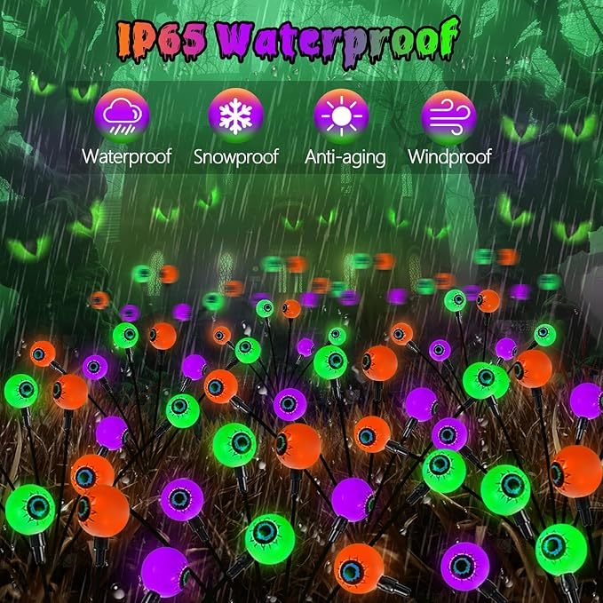 6Pack 36LED Orange,Purple and Green Solar Halloween Eyeball Lights Outdoor, Solar Garden Lights Outdoor Waterproof, Firefly Light Swaying by Wind with 2 Modes for Pathway Yard Halloween Decorations