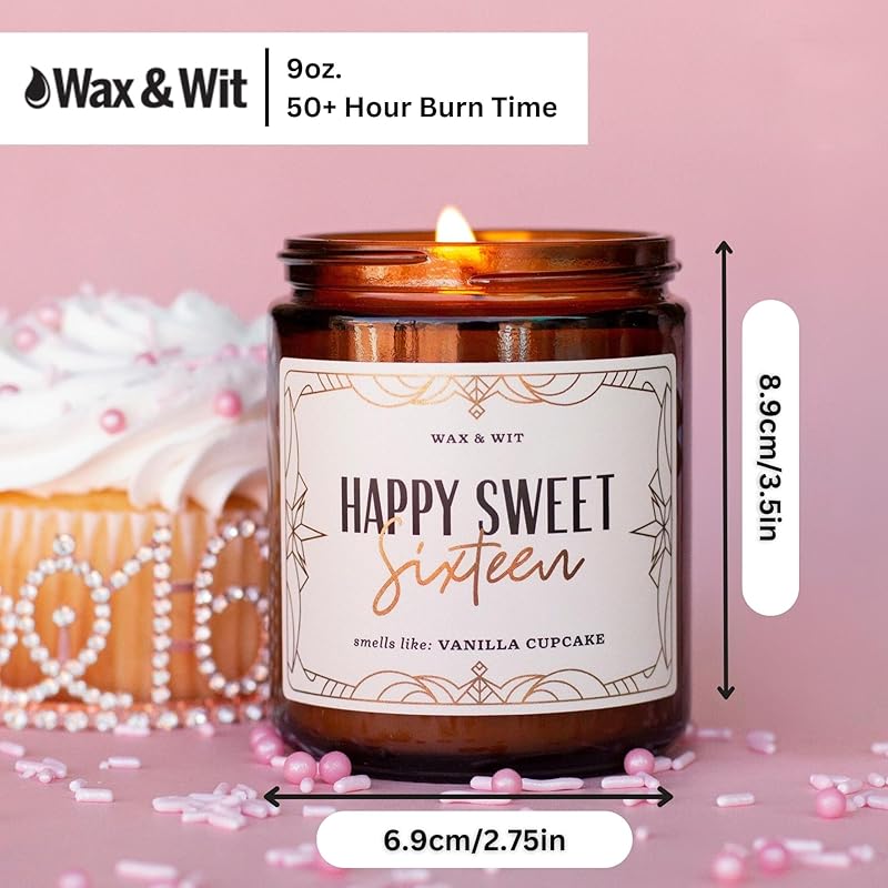 Wax & Wit Sweet 16 Gifts for Girls, Happy Birthday Candles - Scented with Vanilla Cupcake - Sweet Sixteen Gift Ideas – 9oz, Soy Wax, 50 Hour Burn, Premium Candle