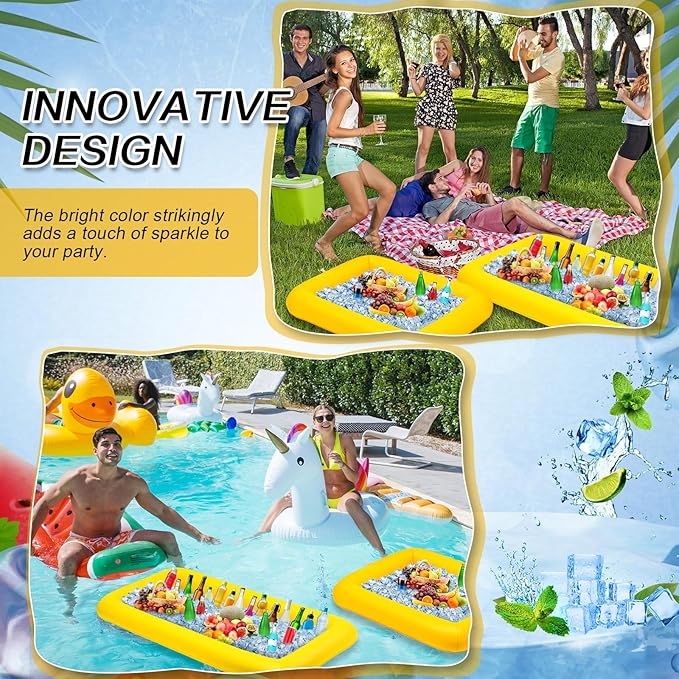 Leitee 4 Pcs Inflatable Ice Serving Bars Buffet Serving Tray Drink Cooler for Pool Party Inflatable Ice Tray Floating Food Drink Containers with Drain Plug and a Hand Pump, 2 Sizes (Yellow)