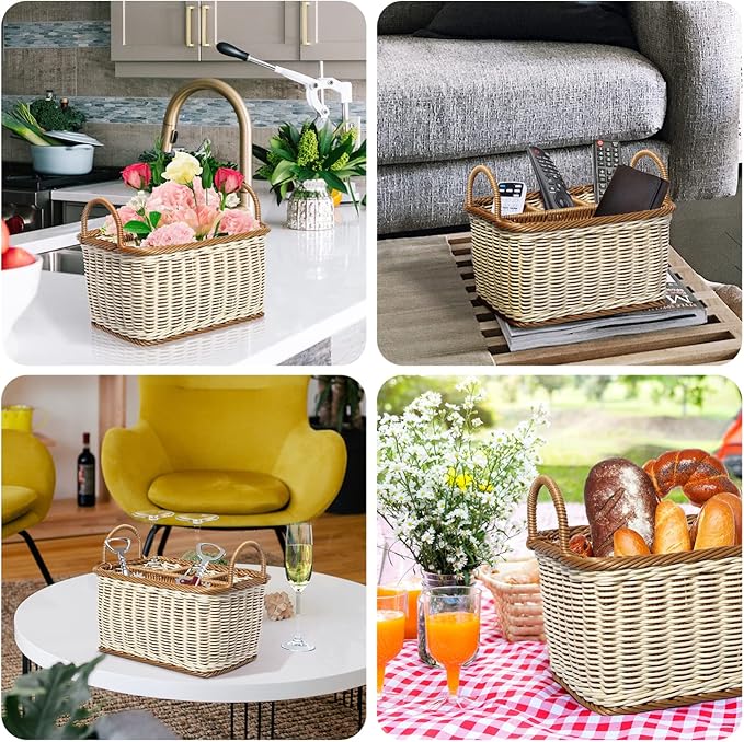 Silverware 4- compartment storage basket woven rattan- desktop basket rectangular organiser box shelves& desks decorative basket for sundries stationery cosmetics Utensil