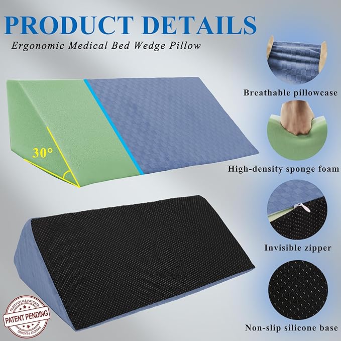 Bed Wedge Pillow for Side Sleepers, Body Position Wedges, Side Wedge Pillow for Sleeping Back Positioning Elevation Pillow for Bed Sores Elder and Pregnant Woman (Light Blue)