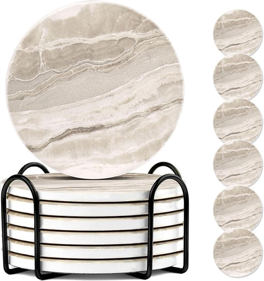 Marble Coasters for Coffee Table, Set of 6 with Holder, Ink&Wash Painting on White Absorbent Ceramic, 4 Inches