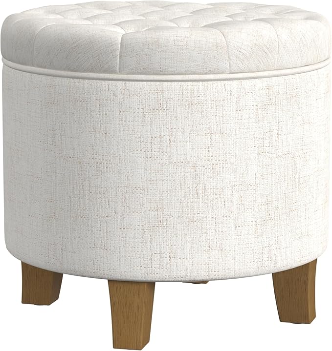 HomePop Home Decor | Upholstered Round Tufted Foot Rest Ottoman | Ottoman with Storage for Living Room & Bedroom | Decorative Home Furniture, Cream Textured Solid