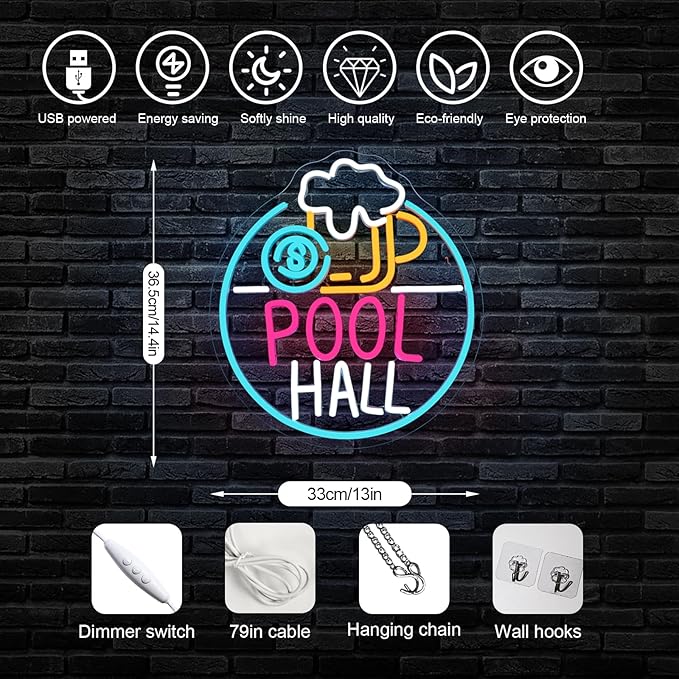 Pool Hall Beer Neon Sign LED Light Sign Wall Decor for Pool Hall, Game Rooms, Bars, Basements & Man Caves USB Powered, Adjustable Brightness Billiards Themed Lighting