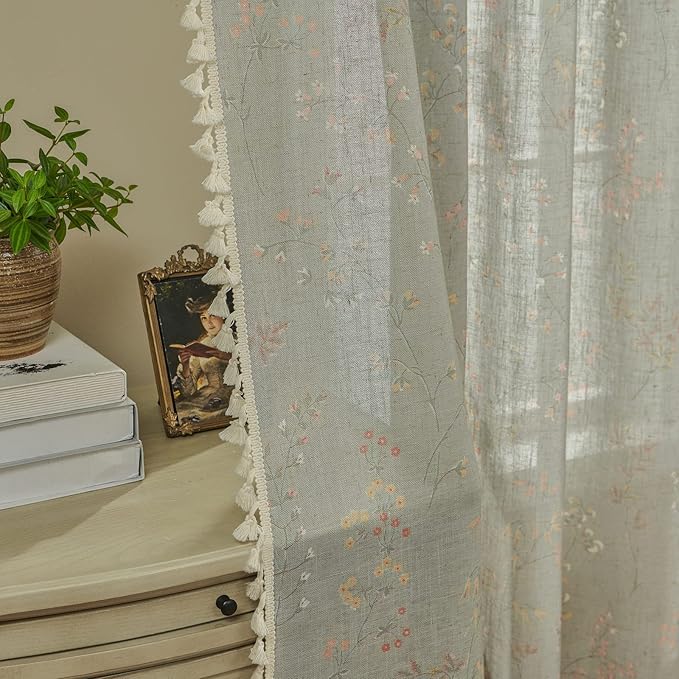 Joydeco Blue Floral Boho Curtains 108 Inches Long 2 Panels, Super Soft Bohemian Farmhouse Curtains with Tassels, Semi Sheer Light Filtering Drapes for Bedroom Living Room (Rod Pocket, 52Wx108L)