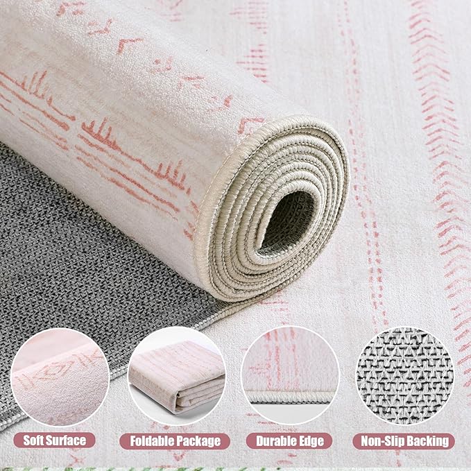 Pink 5x7 Area Rugs for Living Room Nursery, Washable Rugs Moroccan Boho Farmhouse Rug with Non-Slip Backing, Soft Low Pile Indoor Floor Carpet Neutral Rug for Bedroom Dining Room