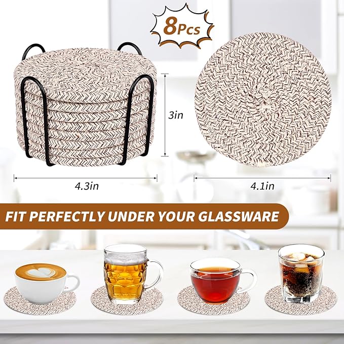 Mckanti 8 Pack Drink Coasters with Holder, Absorbent Coasters for Coffee Table, Minimalist Cotton Woven Coaster Set for Home Decor Tabletop Protection Suitable for Kinds of Cups, 4.3 Inches.