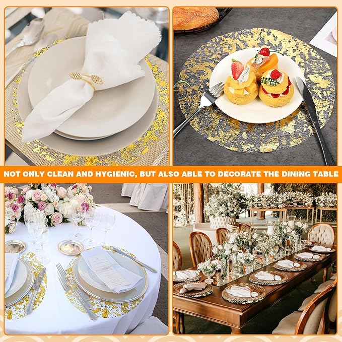 200 Pcs Gold Placemats Disposable Round Table Mat 13 Inch Gold Foil Mesh Pressed Placemats Metallic Thin Mesh Table Runner for Home Decoration Dining Wedding Birthday Party