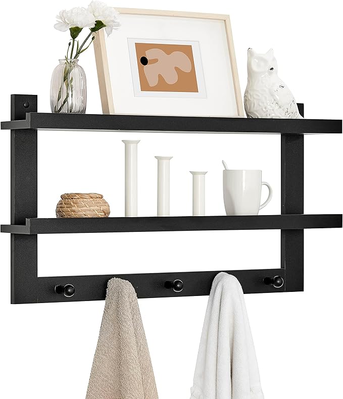 Danya B 2-Tier Ledge Wall Shelf Organizer with Five Hanging Coat or Towel Hooks - Perfect for Entryway or Bathroom (Black)