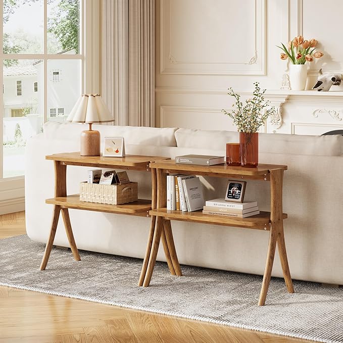 LITTLE TREE Narrow Side Table, 2-Tier Farmhouse End Table with Solid Wood Legs, Small Side Table, Space-Saver for Living Room, Bedroom, Entryway (Light Walnut)