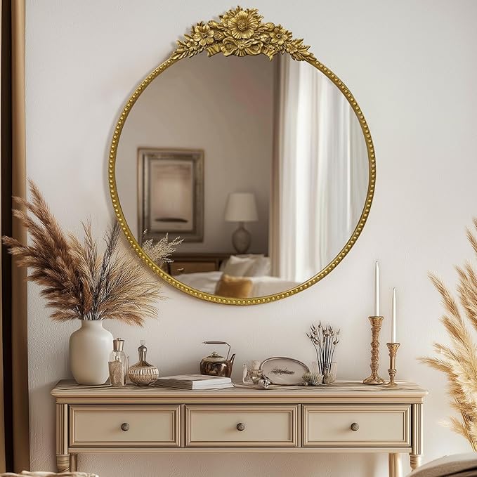 Round Baroque Style Antique 24" Metal Circle Vintage Mirror, Wall Mounted Decorative Mirror for Entryway,Bathroom,Vanity, Retro Gold