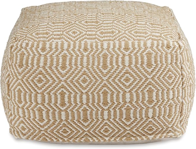 Signature Design by Ashley Adamont Casual Handwoven Geometric Pouf, Beige & White