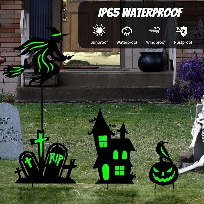 BRIGHTDECK Halloween Outdoor Yard Decorations, Set of 3 Glow in The Dark Witch Broom Fluorescent Waterproof Metal Stakes for Lawn Garden Halloween Decor (Flying Witch Tombstone Pumpkin Haunted House)