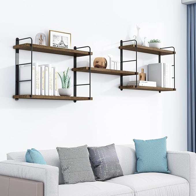 Wall Mounted Floating Shelves, Wall Shelves, Rustic Wall Decor Wood Shelves for Bedroom, Living Room, Bathroom and Kitchen Storage, Easy Installation (5, Brown)