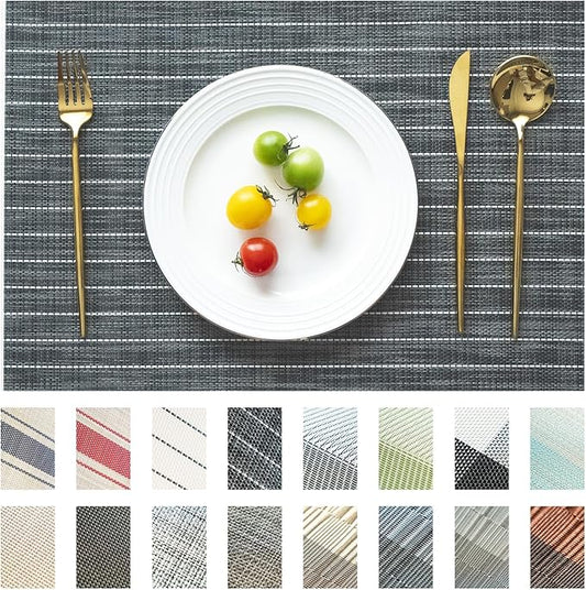 Placemats Set of 12 Vinyl/Plastic Woven Place Mats for Kitchen Table Indoor/Outdoor Washable Placemat Wipeable Dining Table Mats (Black Stripes,12)