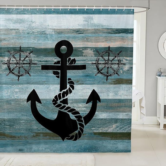 Feelyou Anchor Nautical Shower Curtain Vintage Plank Blue Fabric Shower Curtain Kids Boys Girls Wooden Retro Green Bathroom Waterproof Accessories with 12 Hooks Rustic Farmhouse Curtains,72x78 Inches