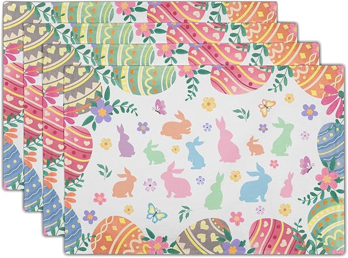 Easter Placemats Set of 4 Colorful Eggs Flowers Easter Bunny Rabbits Heat Resistant Washable Spring Seasonal Table Mats 12x18 Inch for Holiday Party Kitchen Dining Decoration
