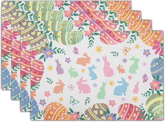 Easter Placemats Set of 4 Colorful Eggs Flowers Easter Bunny Rabbits Heat Resistant Washable Spring Seasonal Table Mats 12x18 Inch for Holiday Party Kitchen Dining Decoration