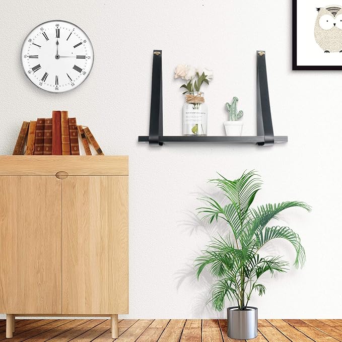 Leather Strap Wood Floating Wall Shelf Wooden Shleves Wall Organizer Wall Mount Shelf Home Decor Kitchen Living Room Bedroom（Black Set of 1）