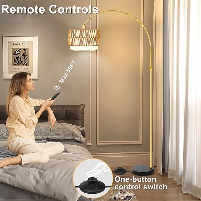 Rattan Floor Lamp for Living Room Arc Boho Floor Lamp with Rattan & Linen Double Shades Adjustable Tall Wicker Lamps with 3 Color Temperatures for Bedroom Office Reading,Gold
