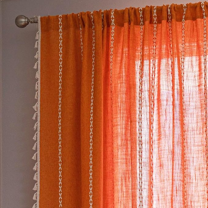 Sutuo Home Boho Curtains for Bedroom 84 Inches Long, Terracotta Semi Blackout Farmhouse Tassels Window Treatment Bohemian Embroidery Drape for Halloween Decor, Rod Pocket 1 Panel 52" W x 84" L, Orange