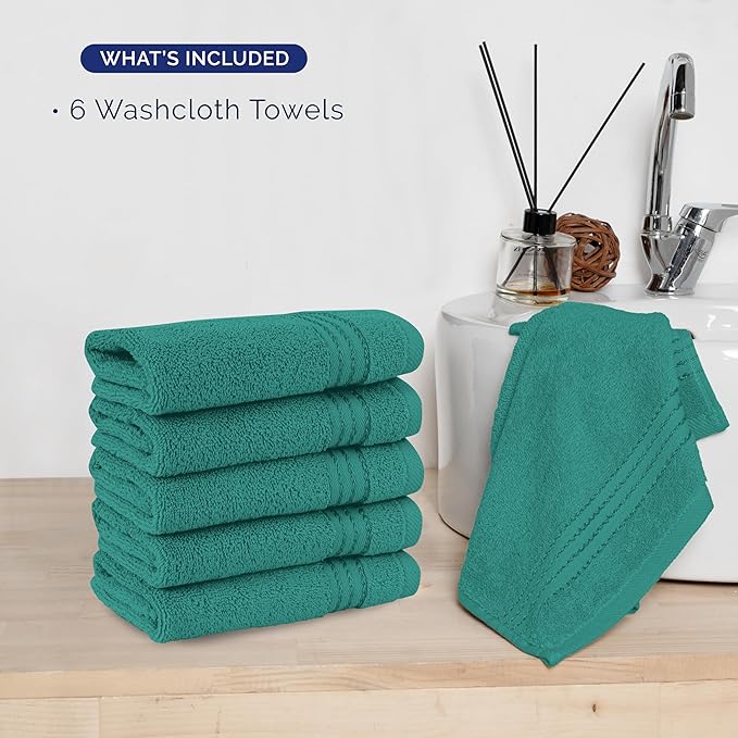Elegant Comfort Premium Turkish Cotton 6 Pack Washcloths Set - 13 x 13 inch, Luxurious Hotel Spa Quality 100% Turkish Cotton 6PC Washcloth Set - Highly Absorbent - Soft Bathroom Towels, Turquoise